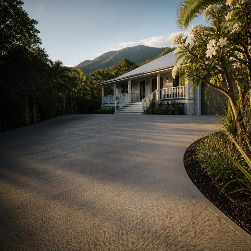 Illustration of a concrete driveway beside a tropical-style home