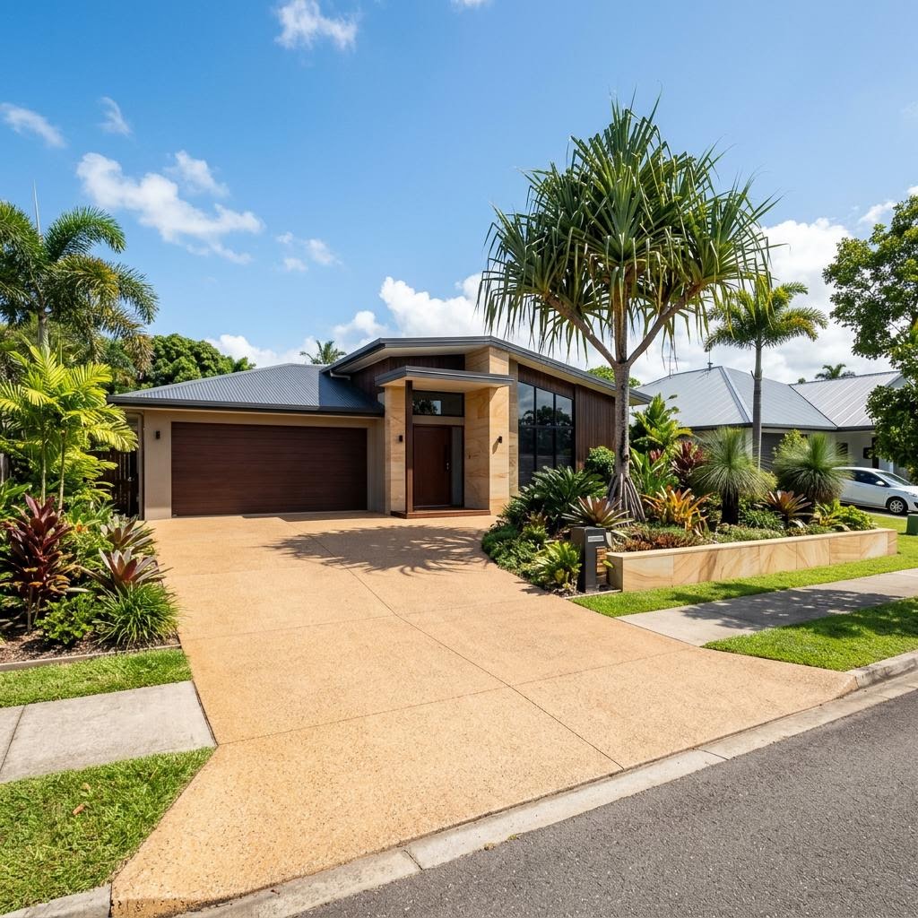 Warm sandstone coloured concrete driveway outside a tropical Australian home