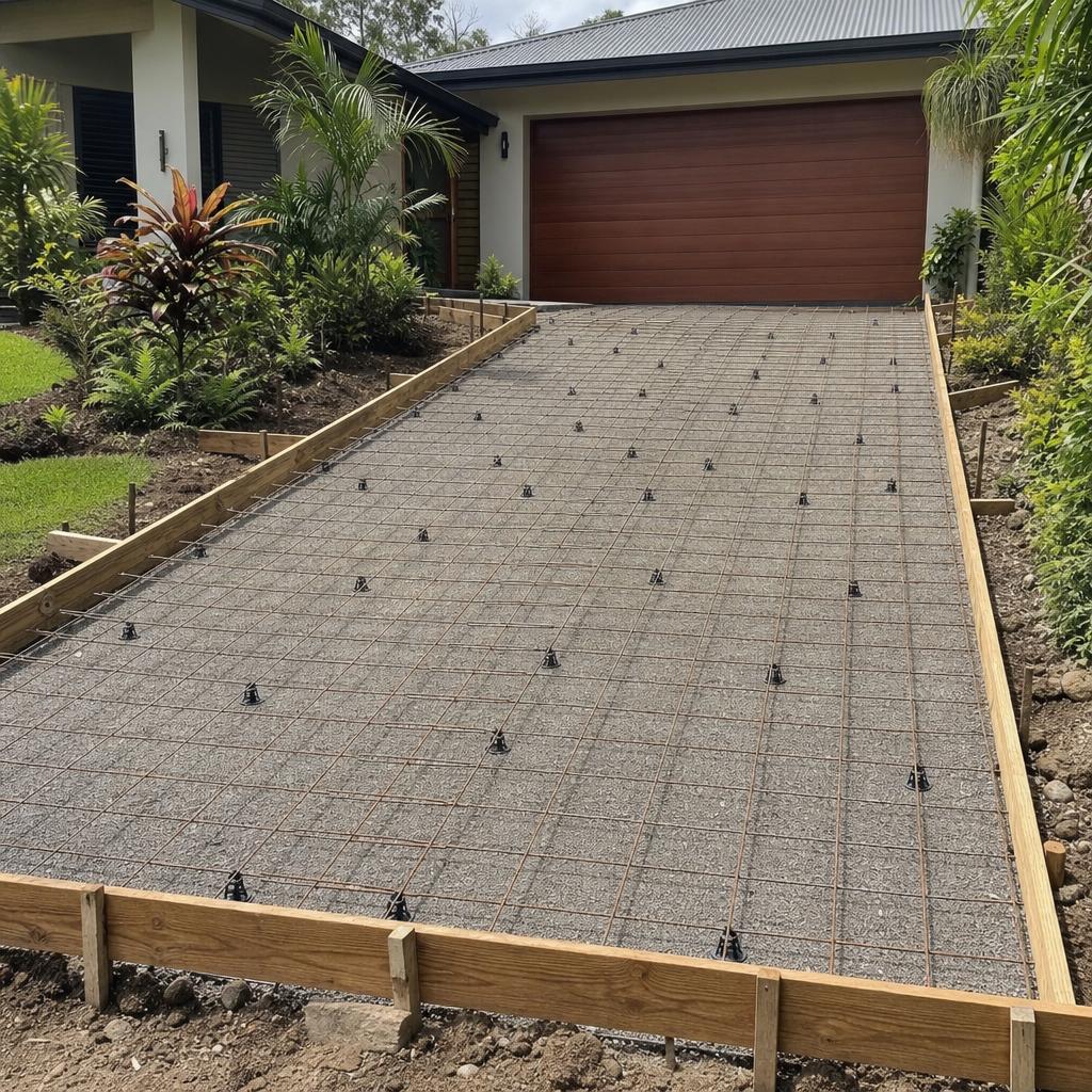 Driveway formwork and steel mesh before a concrete pour
