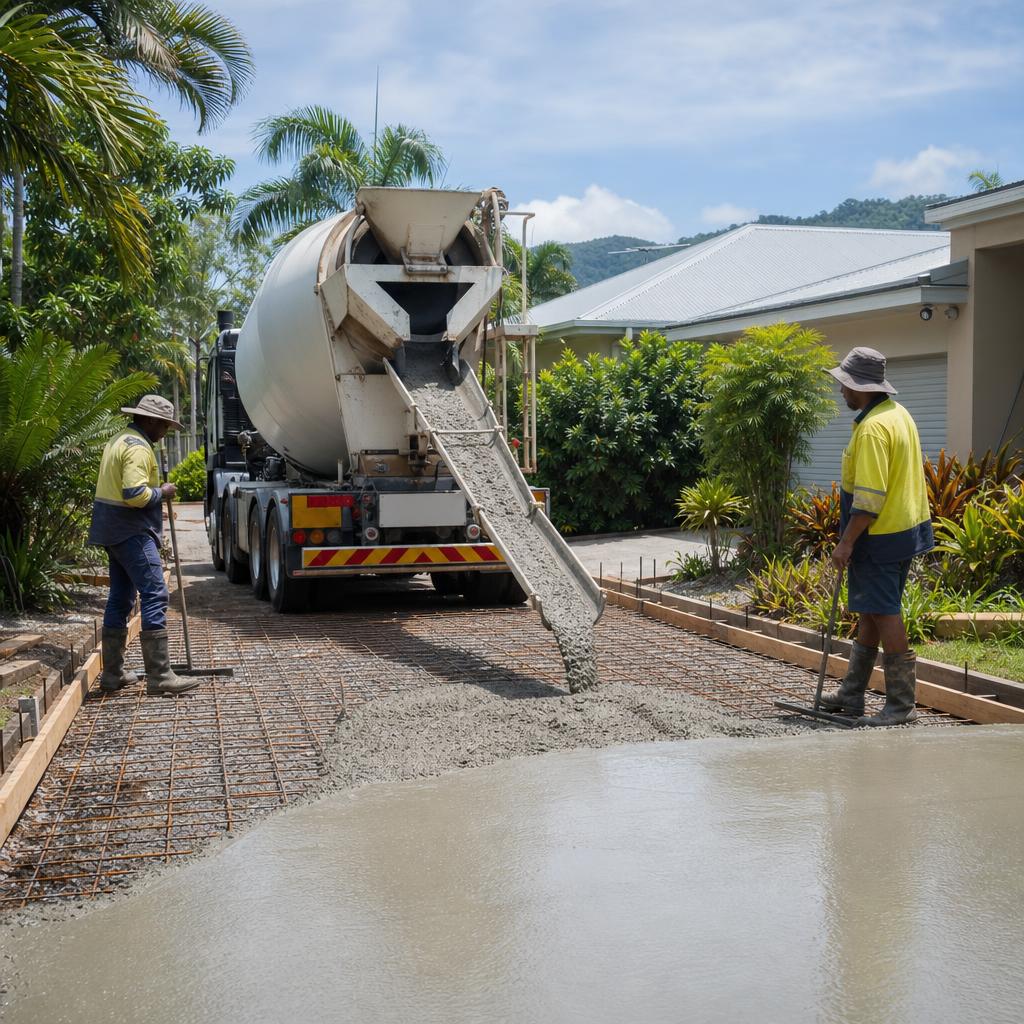 Fresh concrete driveway being poured from a concrete truck