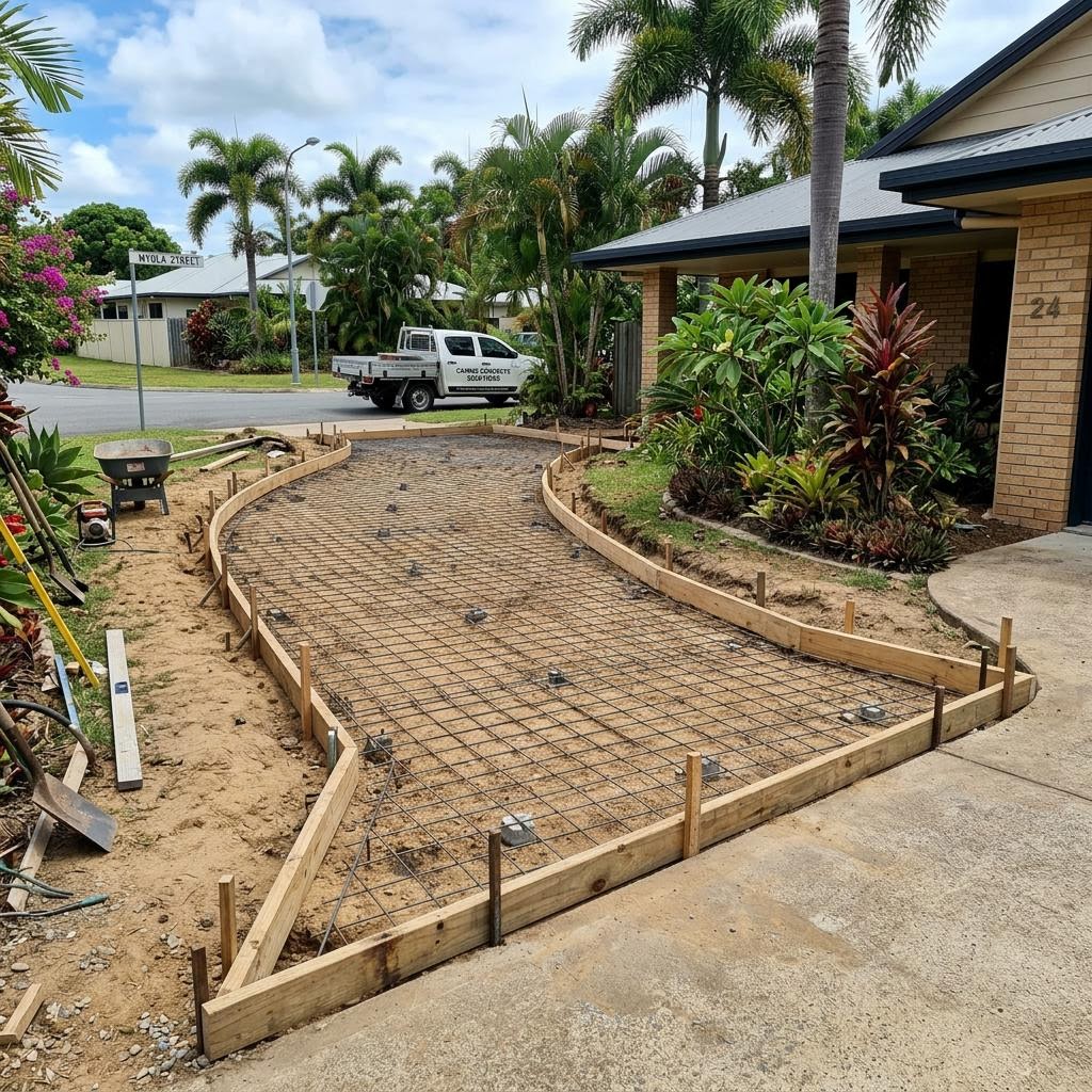 Driveway replacement project showing formwork and steel reinforcement mesh before pouring