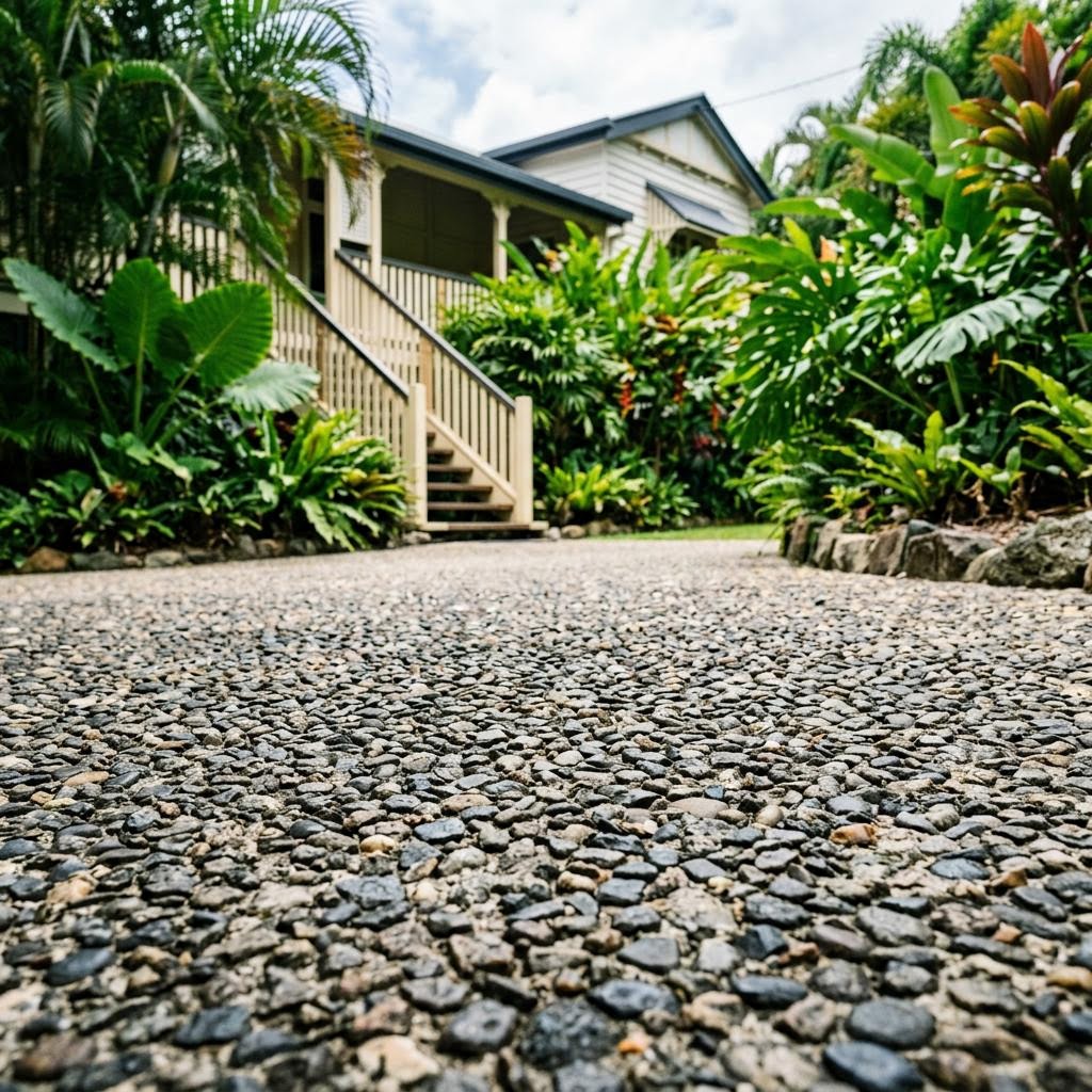 Close up of exposed aggregate concrete showing warm grey and charcoal stone blend