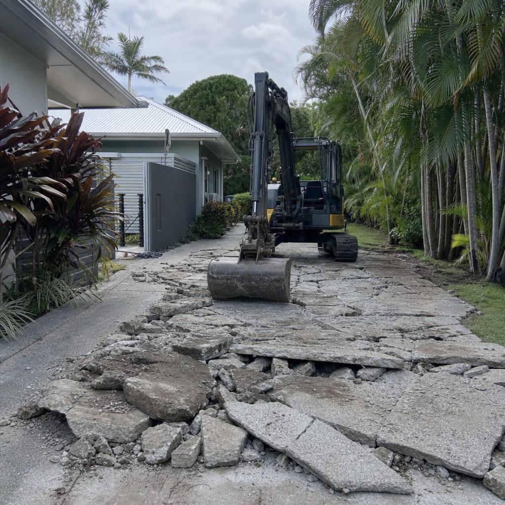 Old concrete driveway being broken up and removed in Cairns
