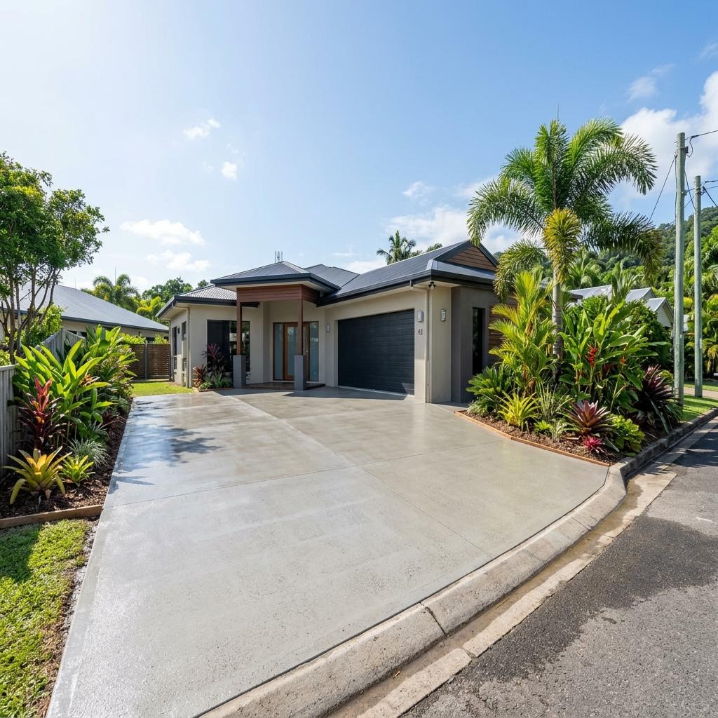 A freshly poured plain concrete driveway in a tropical Cairns setting