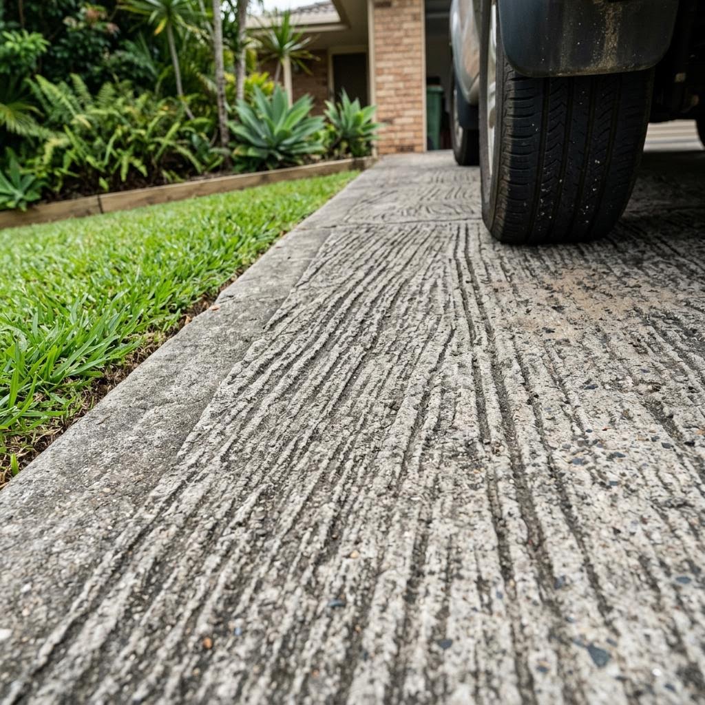 Close up of broom-finished concrete driveway showing textured grip lines