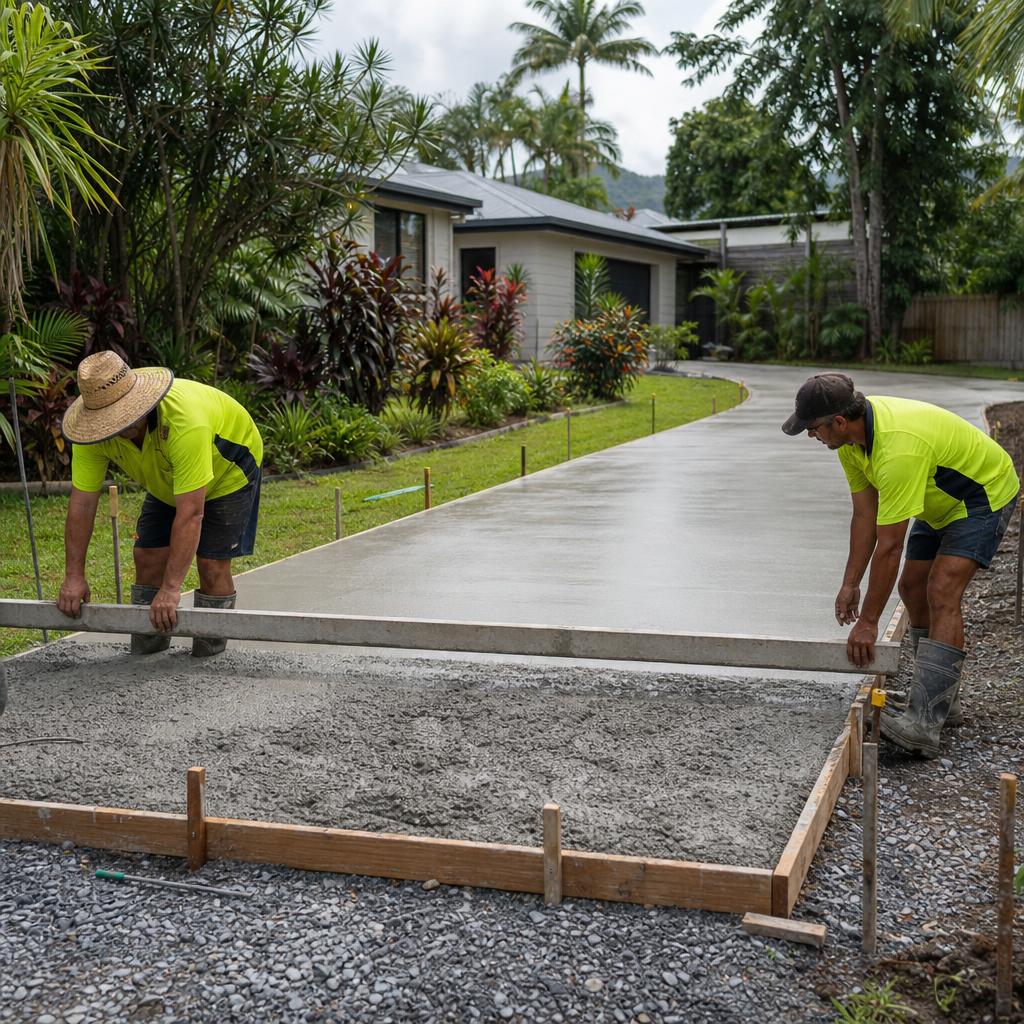 Concrete workers screeding freshly poured driveway concrete in a Cairns residential setting